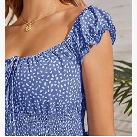 Smocked Dress Ruffle Floral Tie Front Boho Short Dresses - Picture 2 of 6